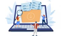 Organized archive. Searching files in database. Records management, records and information management, documents tracking system concept. Pink coral blue vector isolated illustration